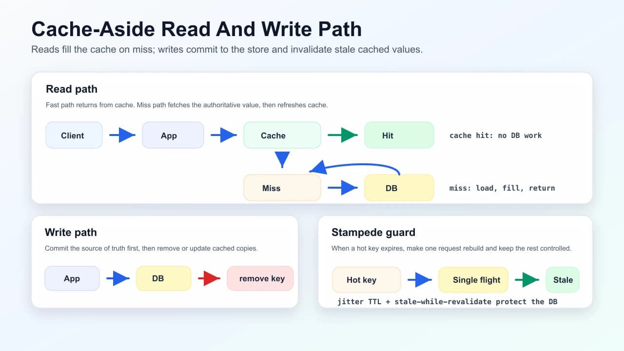 Cache-aside read and write path showing cache hits, misses, database fetches, cache fills, write invalidation, and stampede protection.