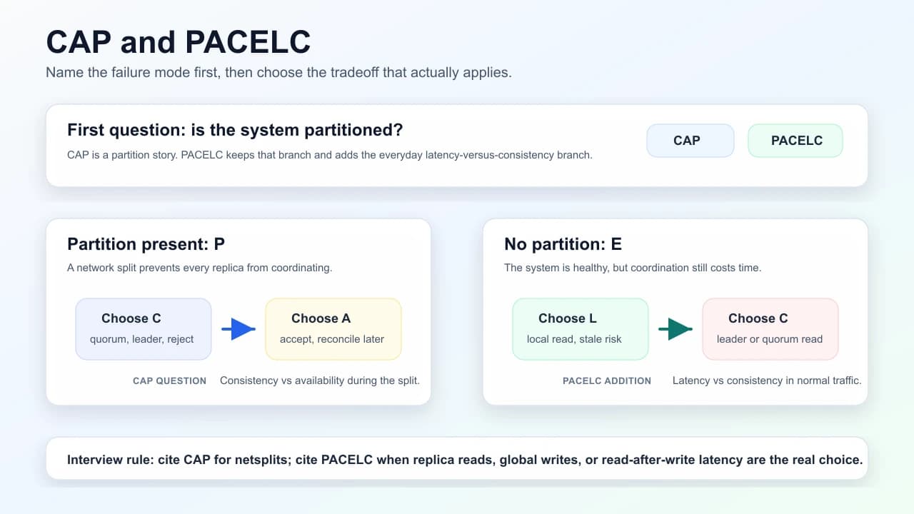 CAP/PACELC decision frame showing partition tradeoffs and normal-operation latency-consistency choices.