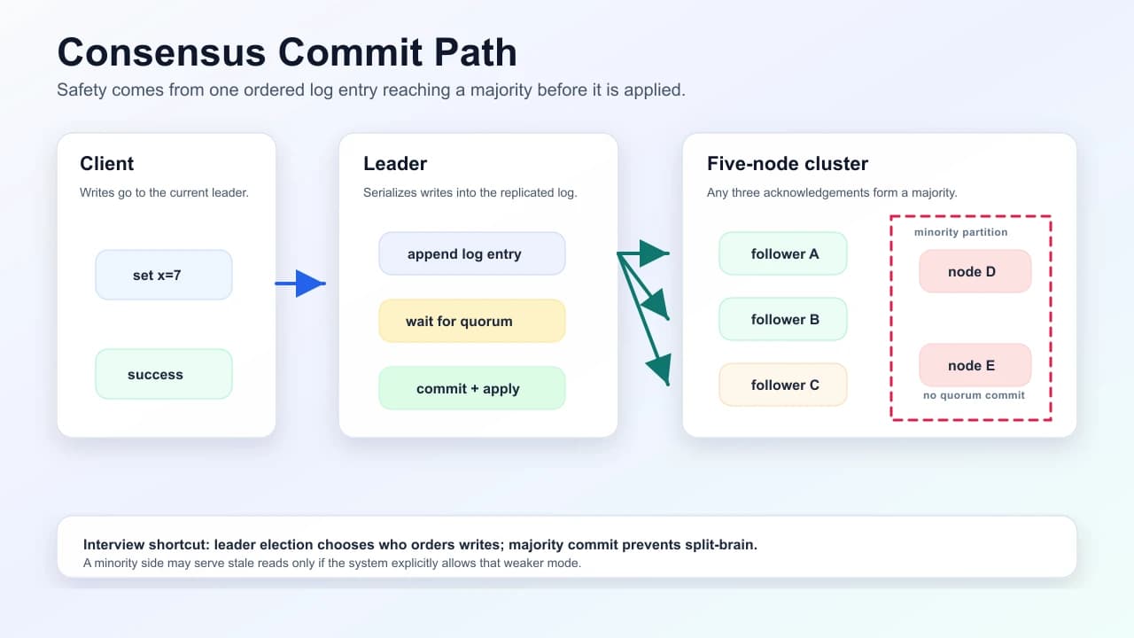 Consensus majority commit path showing a client write, leader log append, follower replication, quorum commit, and minority partition safety.