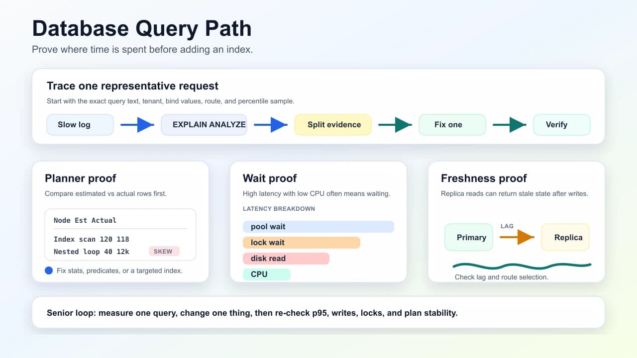Database query path diagnostic workflow: slow log to EXPLAIN ANALYZE, planner proof, wait proof, freshness proof, and verified fixes.