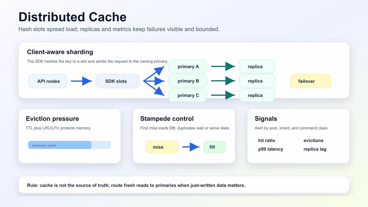 Distributed cache sharding and failover diagram showing clients, proxy routing, primary shards, replicas, and control-plane failover.