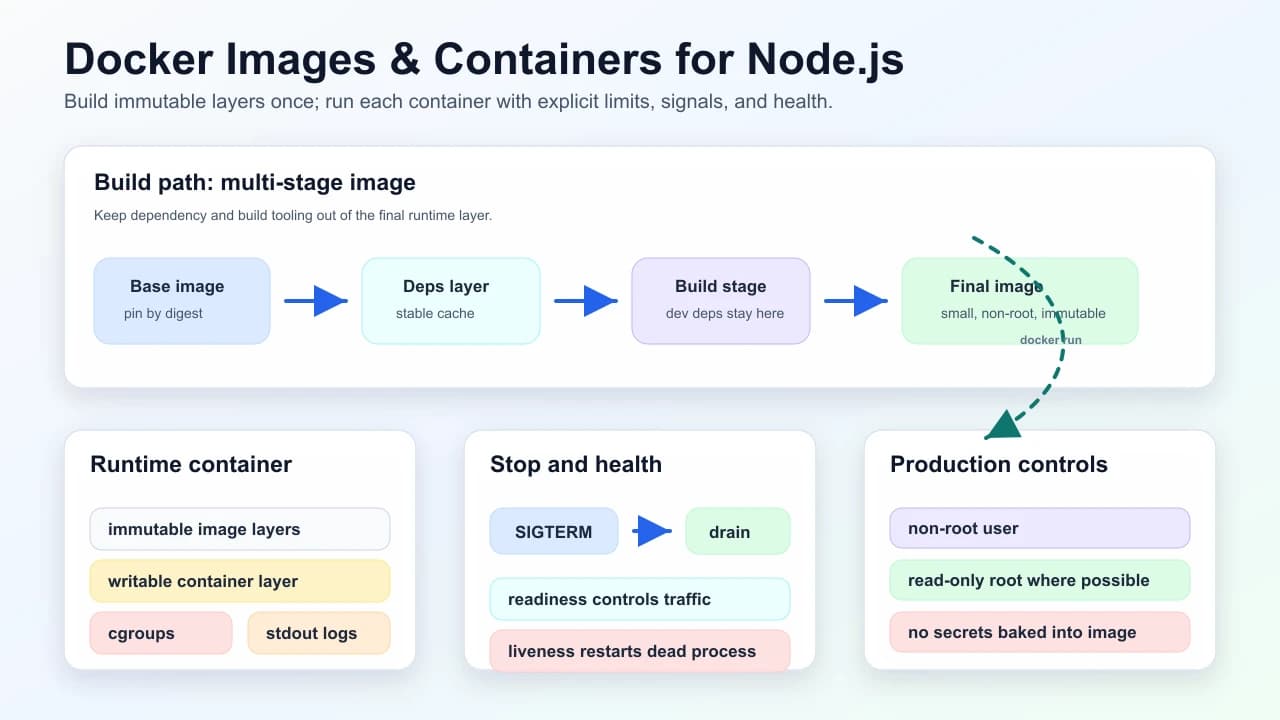 Docker image and container lifecycle diagram showing multi-stage build layers, the final immutable image, runtime writable layer, cgroup limits, stdout logging, SIGTERM drain behavior, health checks, and production hardening controls.