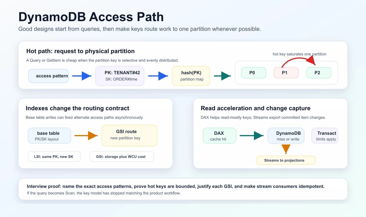 DynamoDB access path diagram showing access patterns mapped to partition and sort keys, routed through physical partitions, with hot-key risk, GSI write amplification, DAX cache hits, transactions, and Streams projections.