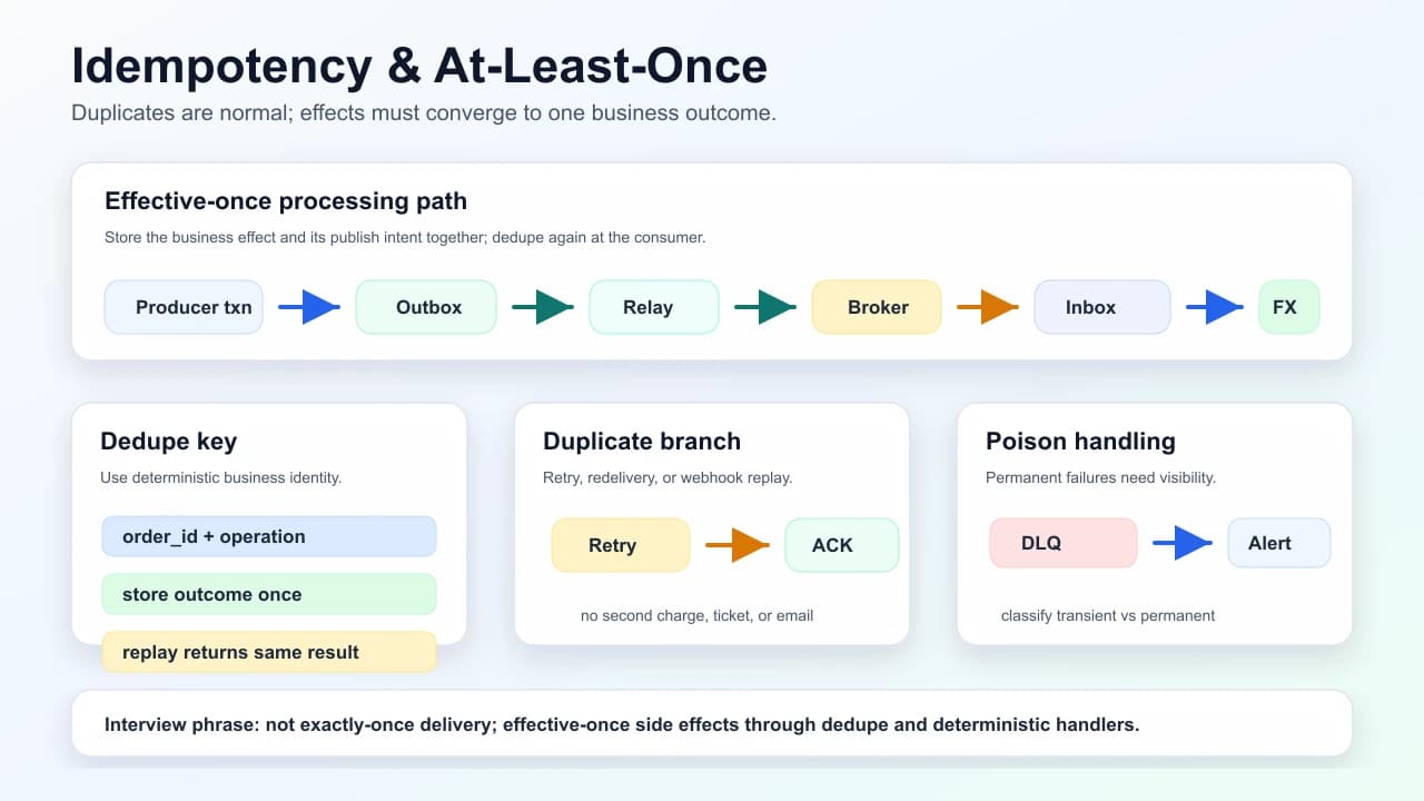 Idempotency and at-least-once processing path showing producer transaction, outbox relay, broker retries, consumer inbox dedupe, duplicate acknowledgement, and poison-message handling.