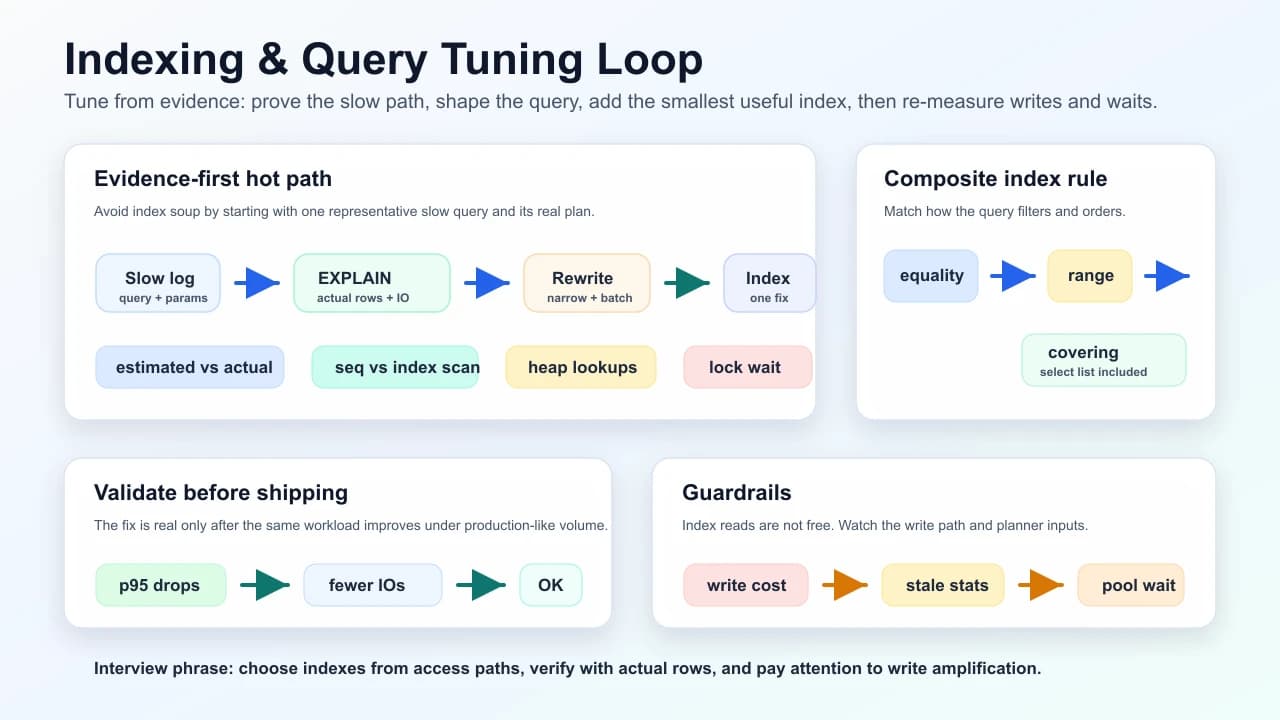 Indexing and query tuning loop showing slow query evidence, EXPLAIN ANALYZE, query rewrites, composite index design, validation, and write-path guardrails.