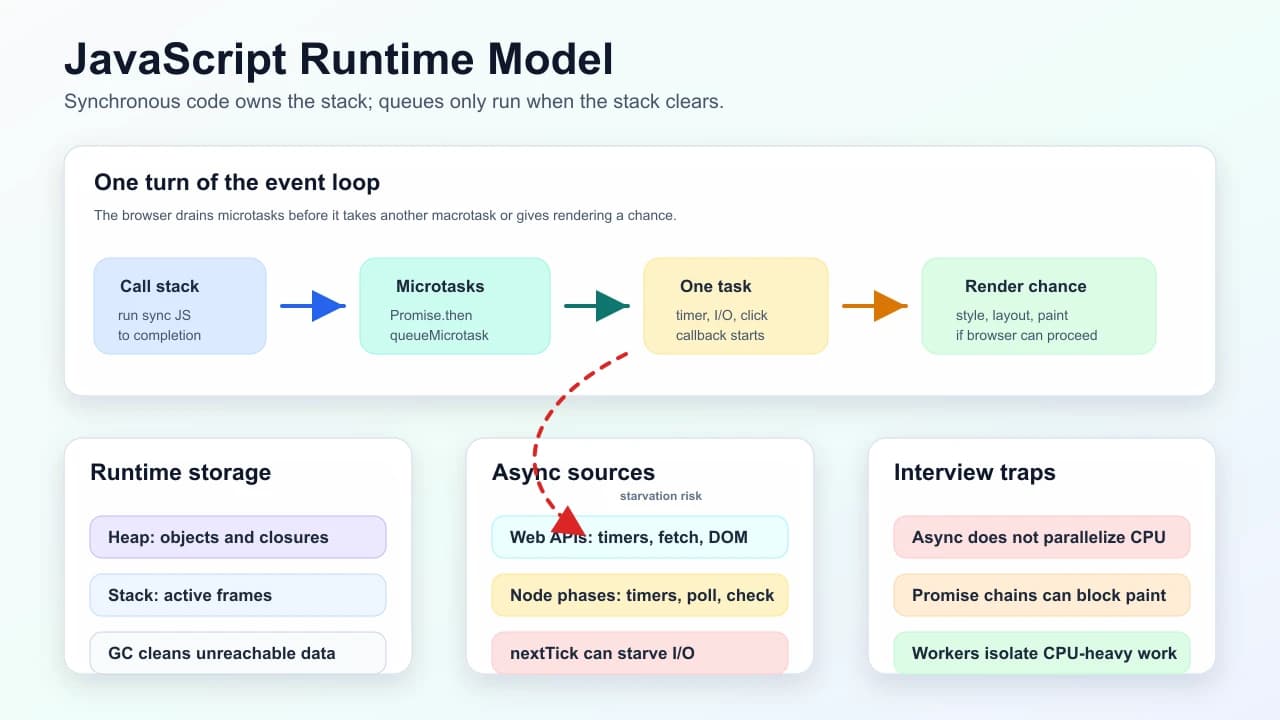 JavaScript runtime model diagram showing synchronous stack execution, the microtask queue, one macrotask, render opportunities, async sources, heap storage, and starvation traps.