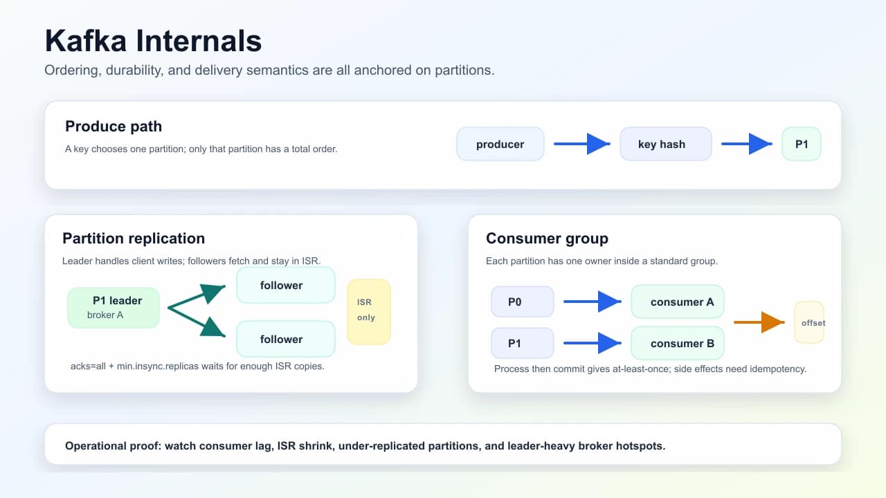 Kafka partition replication flow showing producer writes, partition leaders, followers, ISR, and consumer groups.