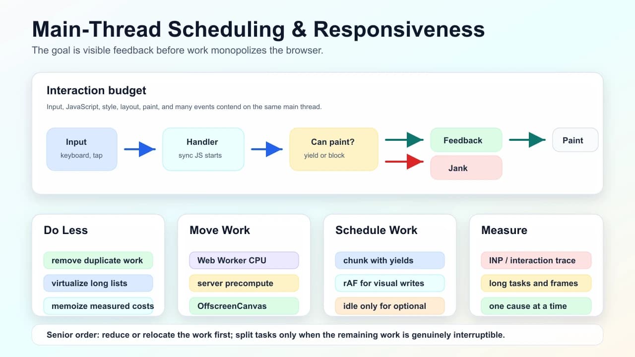 Main-thread scheduling diagram showing input, synchronous handlers, paint opportunity, feedback versus jank, and the decision to reduce, move, schedule, and measure browser work.