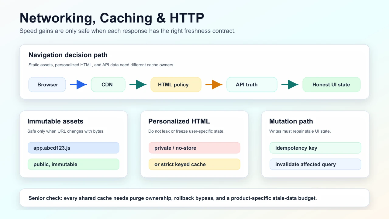 Frontend networking and HTTP caching diagram showing browser, CDN, HTML cache policy, API freshness contracts, immutable assets, personalized HTML, mutation invalidation, and stale-data budget.