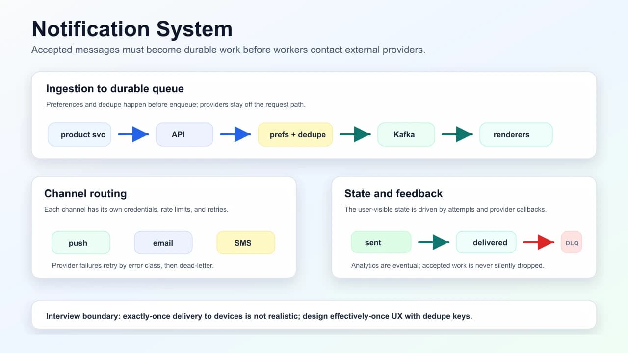 Notification delivery pipeline showing ingestion, preference lookup, Kafka topics, render workers, channel routers, providers, DLQ, and analytics sink.