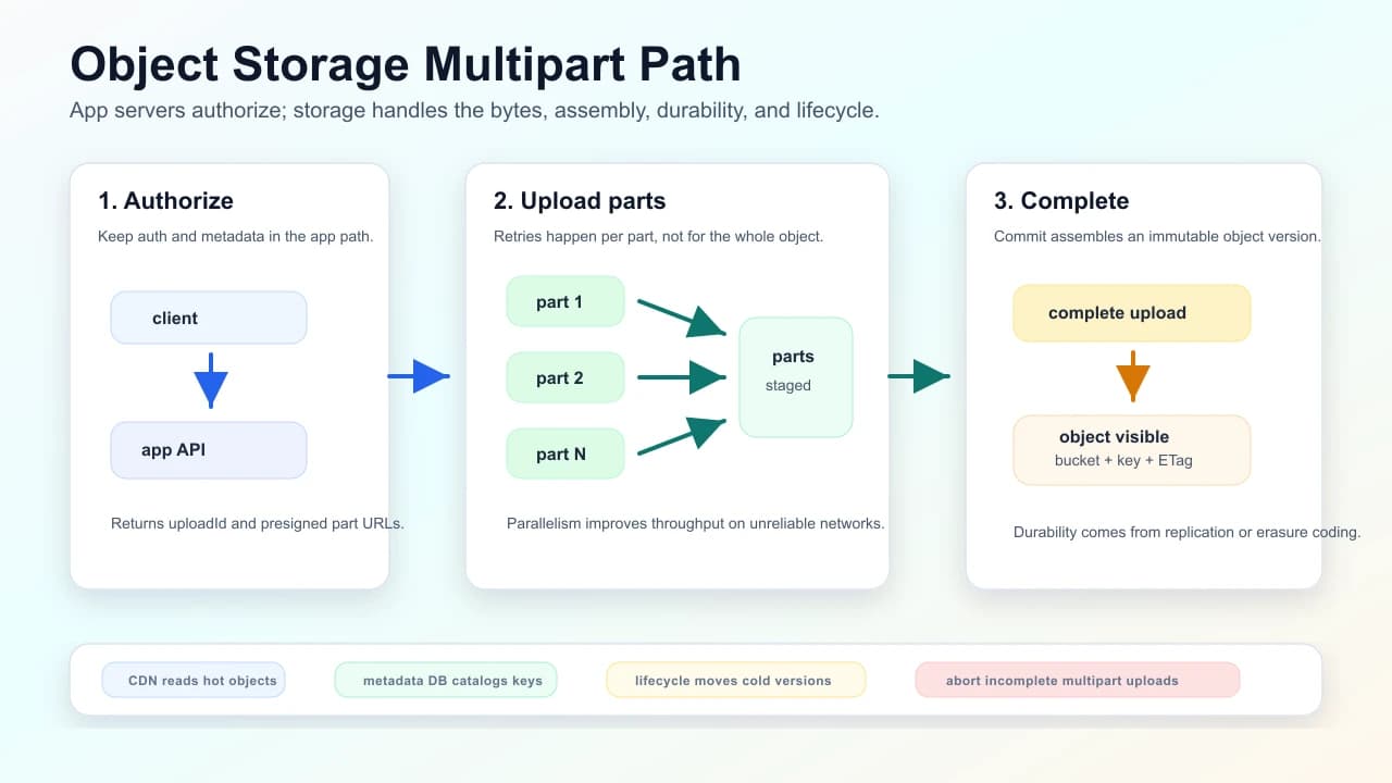 Object storage multipart lifecycle showing auth issuance, parallel part uploads, commit assembly, lifecycle tiers, CDN reads, and incomplete upload cleanup.