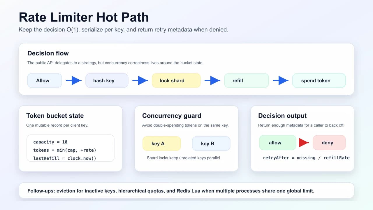 Distributed rate limiter hot path showing edge checks, local token bucket, global limiter, Redis counter state, and config control plane.