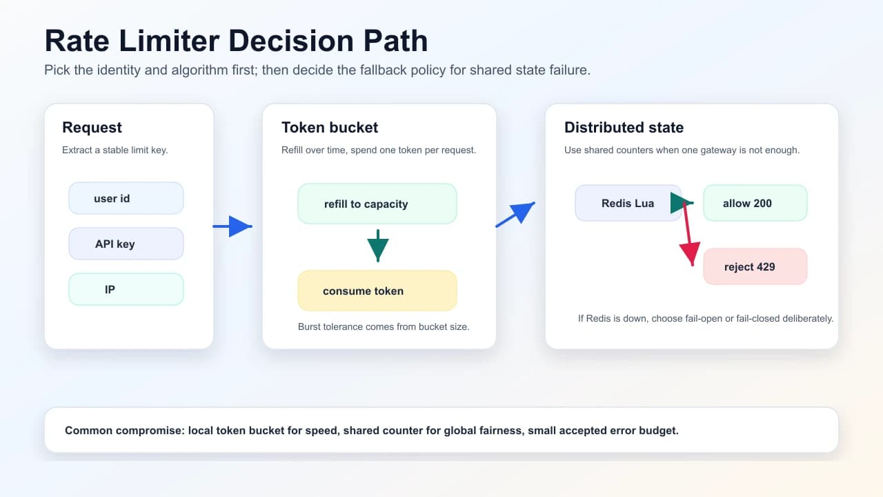 Rate limiter decision path showing request identity selection, token bucket refill and consume, shared Redis counter checks, allow and reject outcomes, and failover policy.