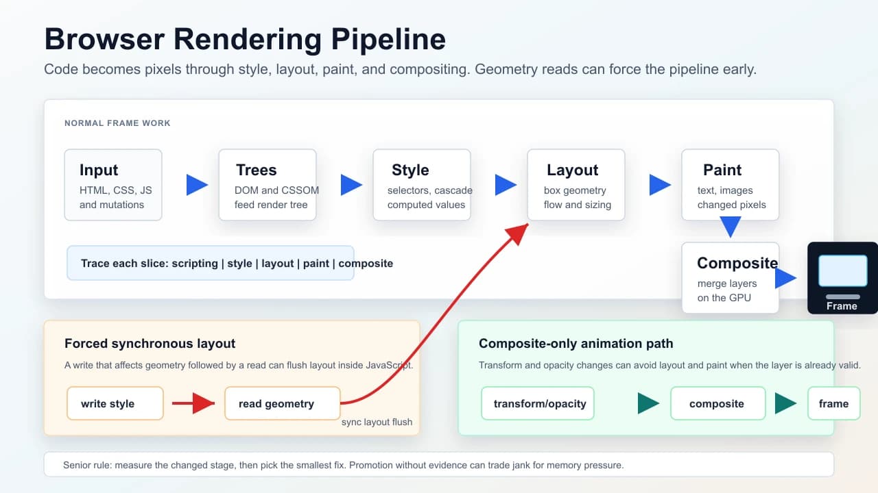 Browser rendering pipeline showing DOM and CSSOM feeding style, layout, paint, compositing, a forced synchronous layout loop, and a composite-only animation path.