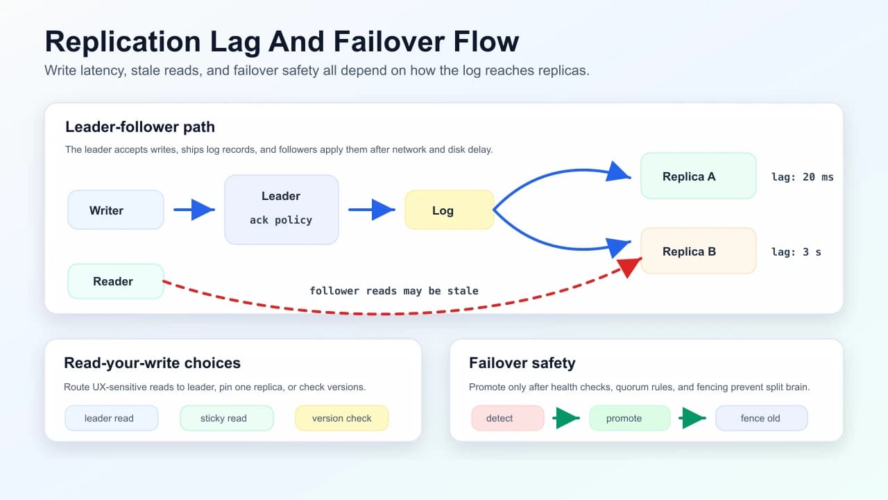 Replication lag and failover flow showing writes to the leader, log shipping to replicas, stale follower reads, read-your-write choices, and promotion fencing.