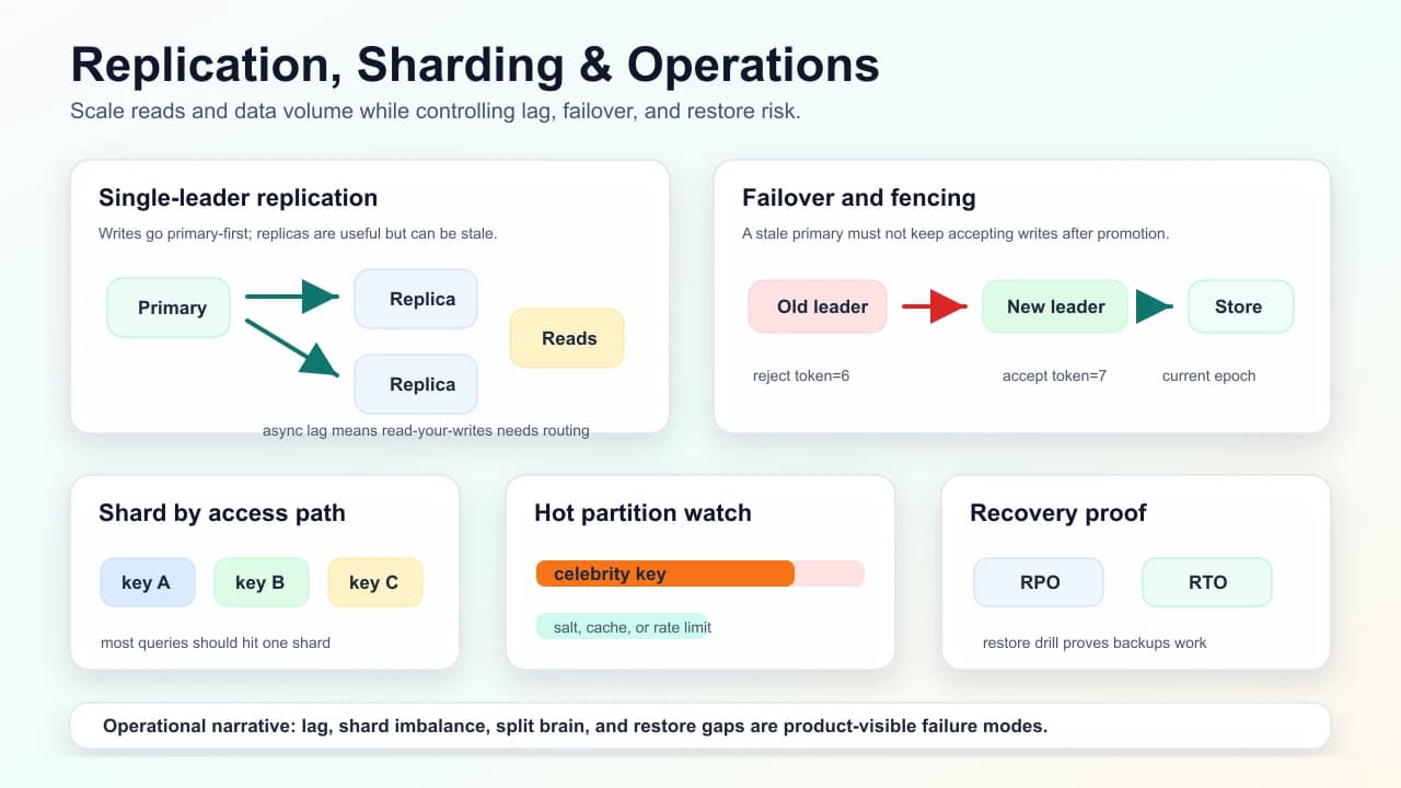 Replication, sharding, and operations diagram showing primary-to-replica lag, failover fencing tokens, shard-by-access-path choices, hot partition watch, and RPO/RTO recovery proof.