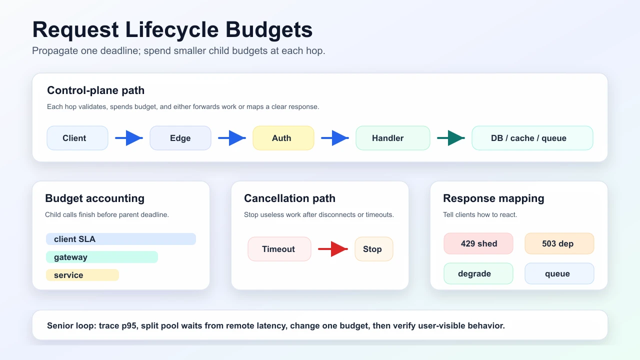 Backend request lifecycle showing client, edge, auth, handler, dependencies, deadline budgets, cancellation, response mapping, and verification loop.