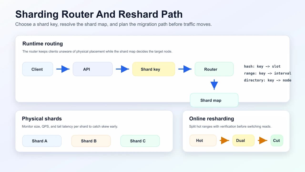 Sharding router path showing client requests, shard-key resolution, shard-map lookup, physical shards, and online resharding steps.