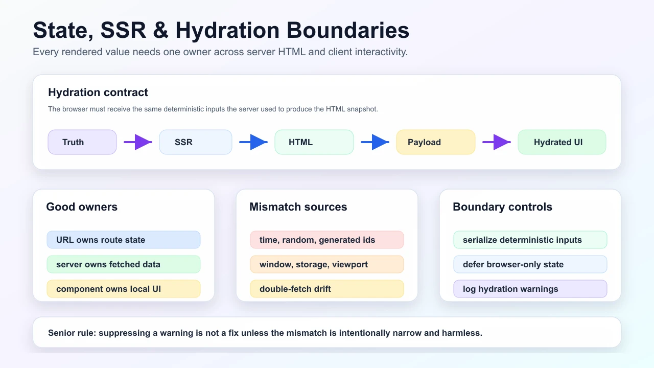 State, SSR, and hydration boundary diagram showing source of truth, server render, HTML snapshot, serialized payload, hydrated UI, mismatch sources, and boundary controls.