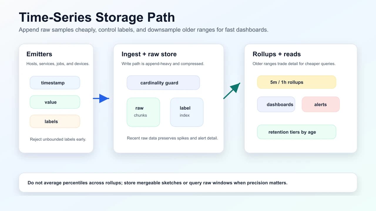 Time-series storage path showing metric emitters, cardinality guardrails, raw chunks, label index, rollups, retention tiers, dashboards, and alerts.