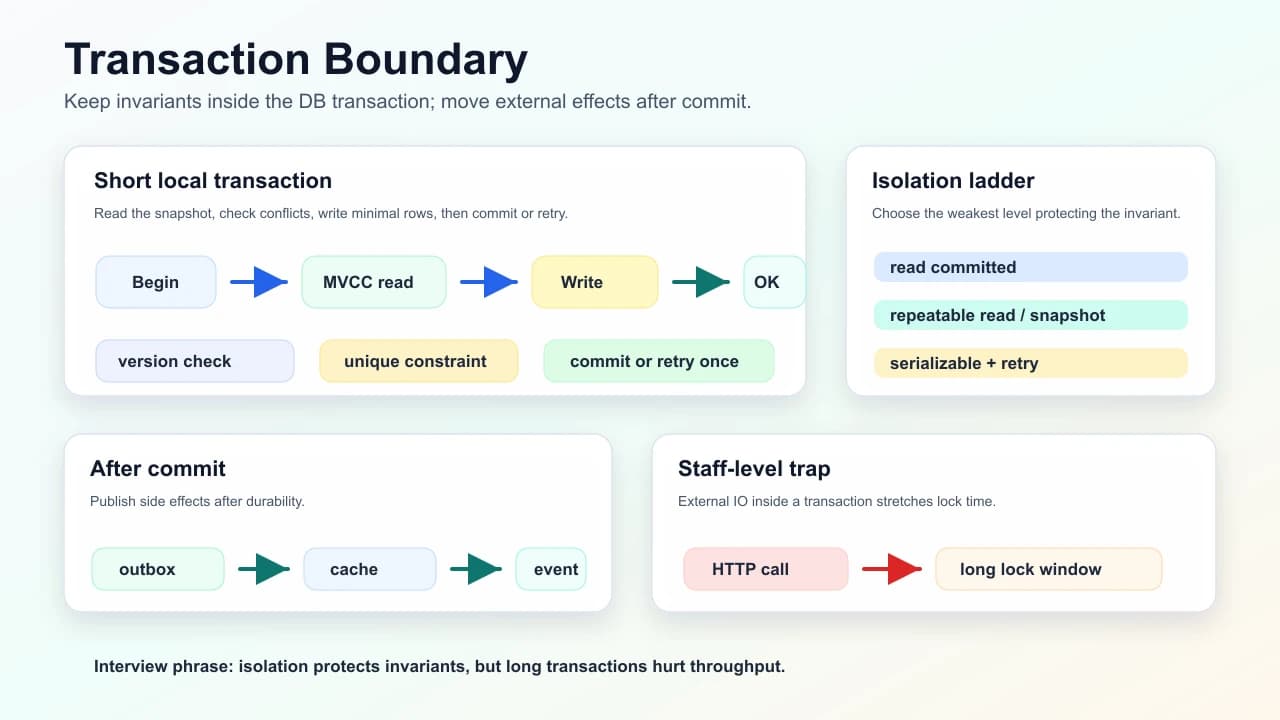 Transaction isolation boundary showing MVCC reads, version checks, commits or retries, post-commit side effects, isolation levels, and the risk of external I/O inside a transaction.