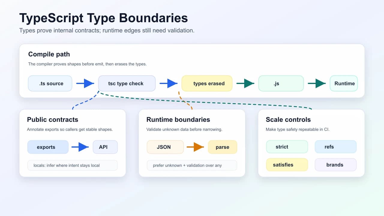 TypeScript type-boundary workflow showing source, type checking, erased JavaScript runtime, public API contracts, IO validation, and CI strictness controls.