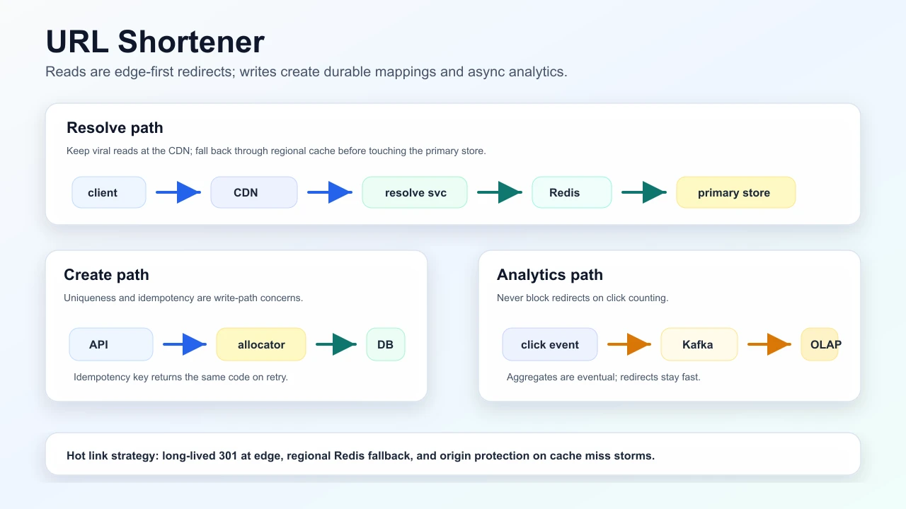 URL shortener edge resolve path showing CDN cache hits, regional API, Redis lookup, primary store fallback, and analytics stream.