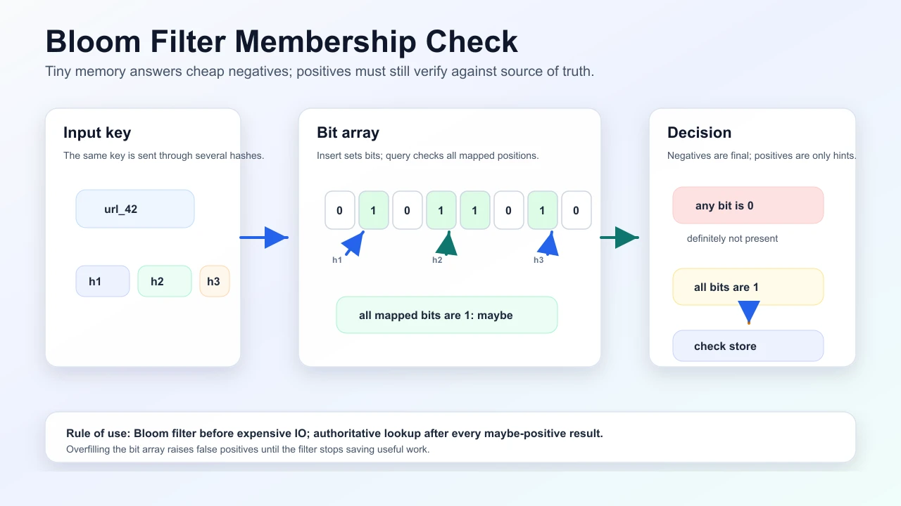 Bloom filter membership check showing hash functions setting bits, definite negative answers, maybe positive verification, and false positive risk.