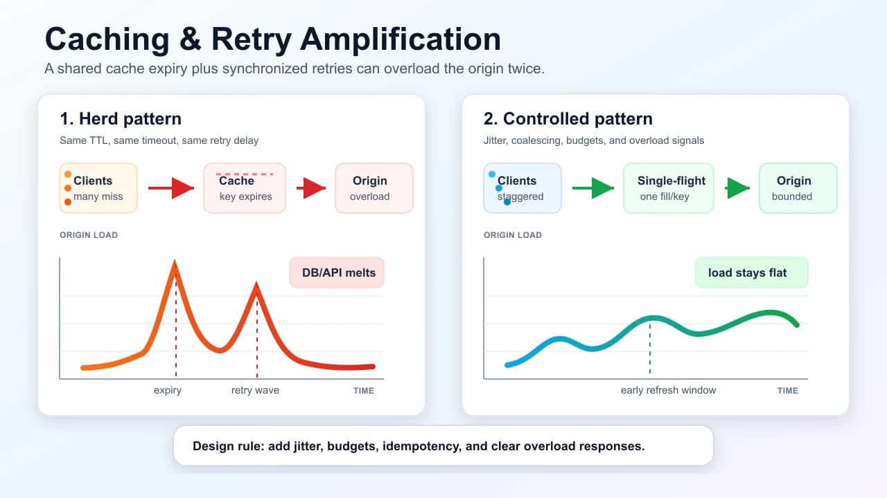 Caching and retry amplification: synchronized cache expiry and retry waves compared with jitter, single-flight, and bounded origin load.