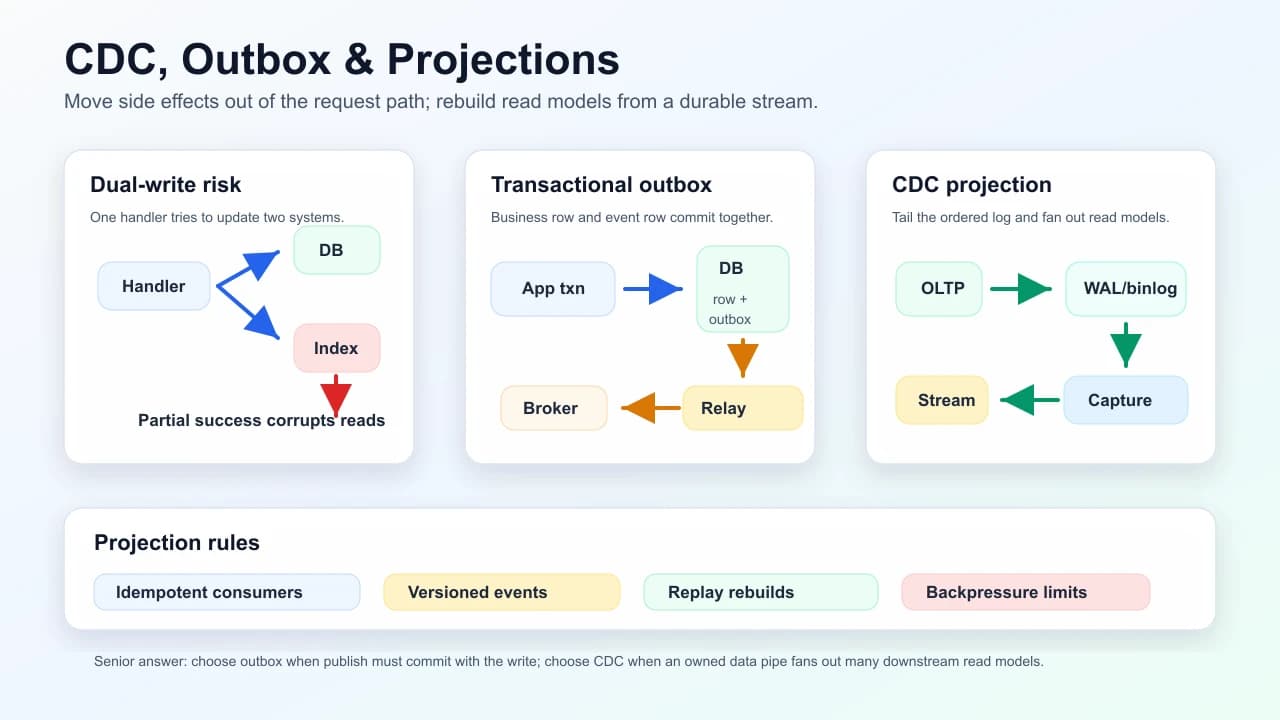 CDC, outbox, and projection paths showing dual-write partial failure risk, transactional outbox relay, CDC log capture, idempotent consumers, versioned events, replay rebuilds, and backpressure limits.