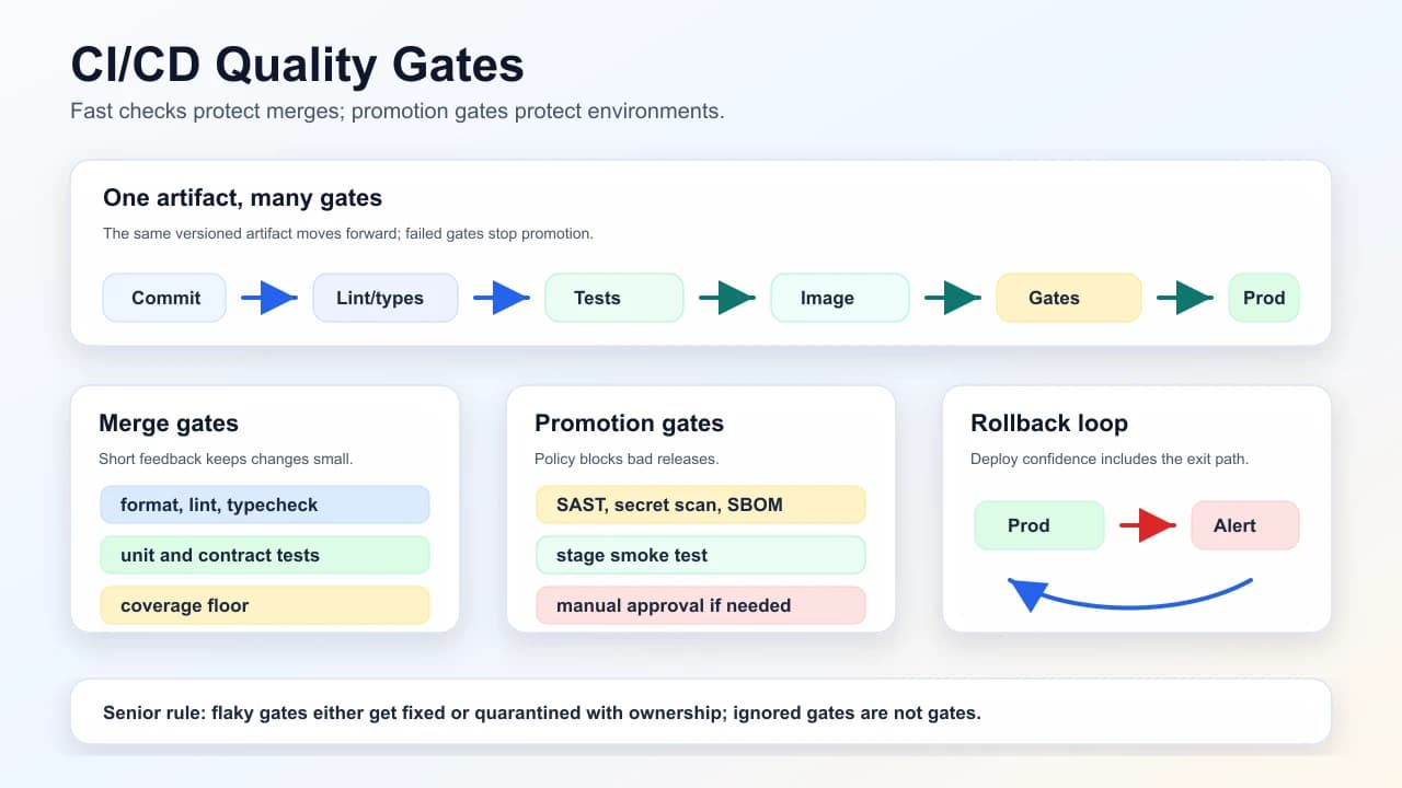 CI/CD quality gates showing commit checks, build artifact, merge gates, promotion gates, production deploy, rollback loop, and telemetry feedback.