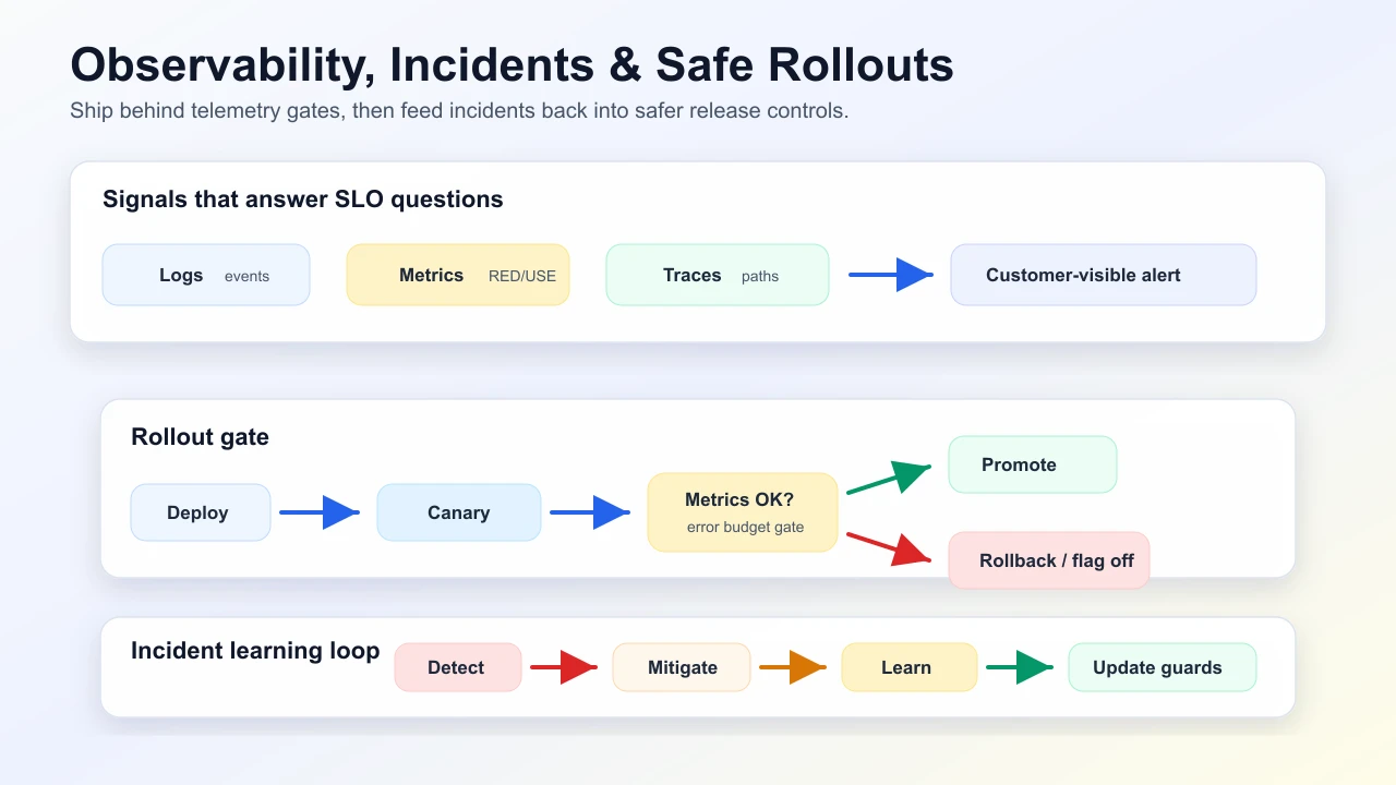Observability and safe rollout loop showing logs, metrics, traces, customer-visible alerts, canary metric gates, rollback or promotion, incident mitigation, learning, and guardrail updates.