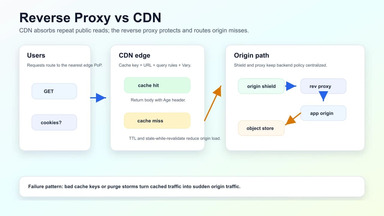 Reverse proxy and CDN cache flow showing edge cache hits and misses, origin shield, reverse proxy routing, app origin, object storage, and purge storm risk.